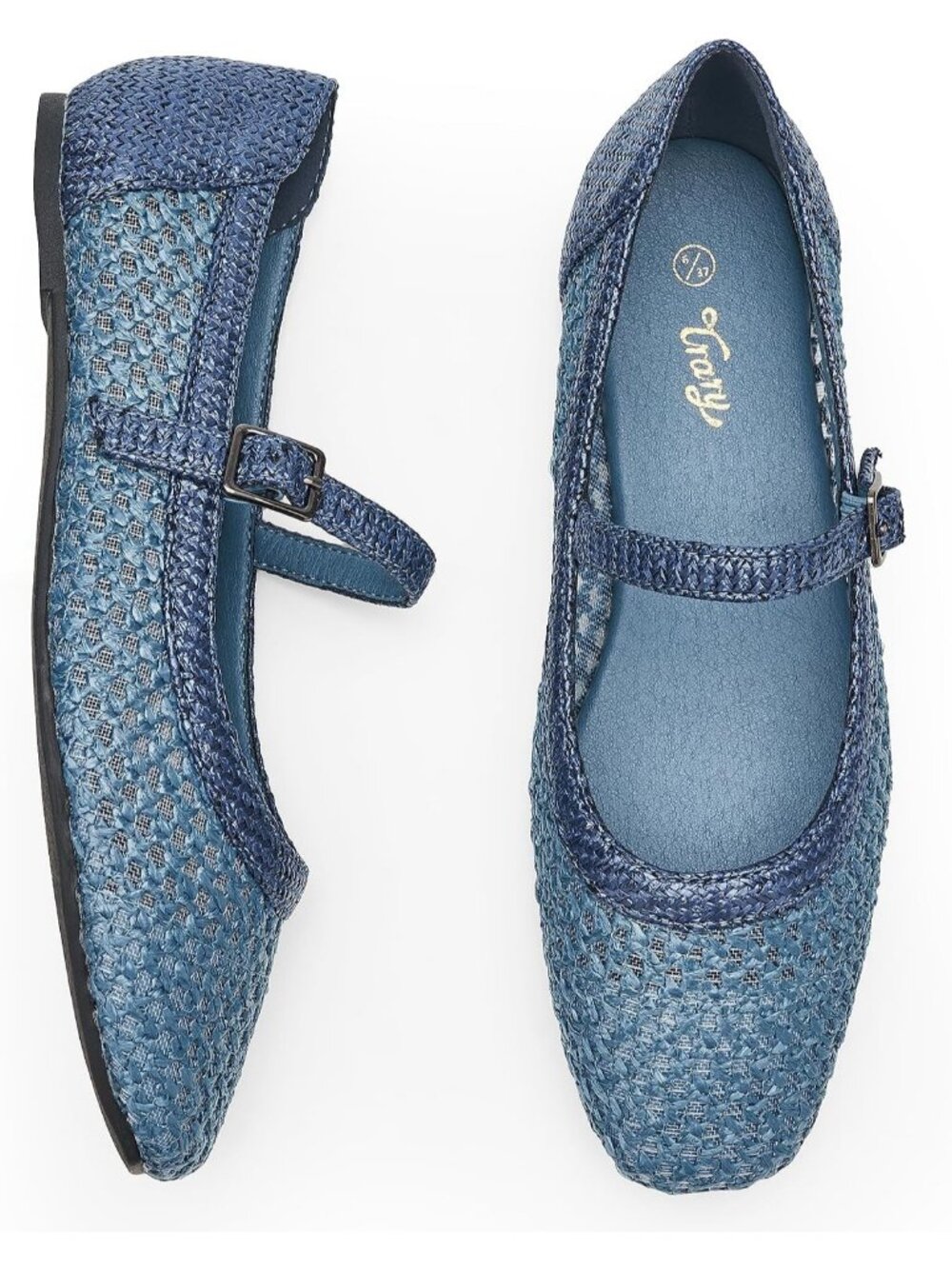 Women's Blue Woven Comfortable Ankle Strap Square Toe Mary Jane Ballet Flat - Picture 4 of 6